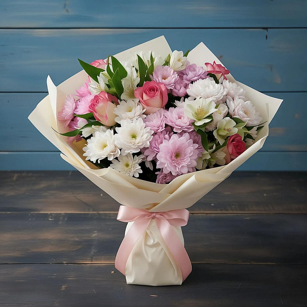 Букет цветов из: Хризантемы, Альстромерии и Розы в Коле